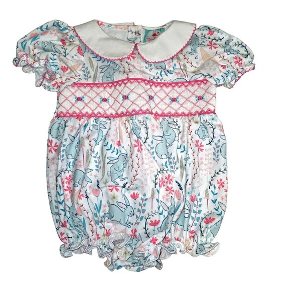 Smocked Flamingo Baby Romper 12M With Peter Pan Collar & Pastel Bunny Print 3851 - Picture 1 of 7